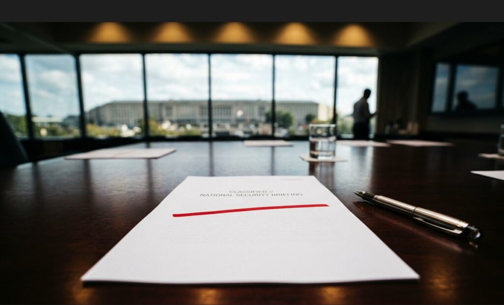 Negotiations in the news: A contract with a red line drawn across it on a conference table, symbolizing Anthropic's rejection of the Pentagon's AI contract terms