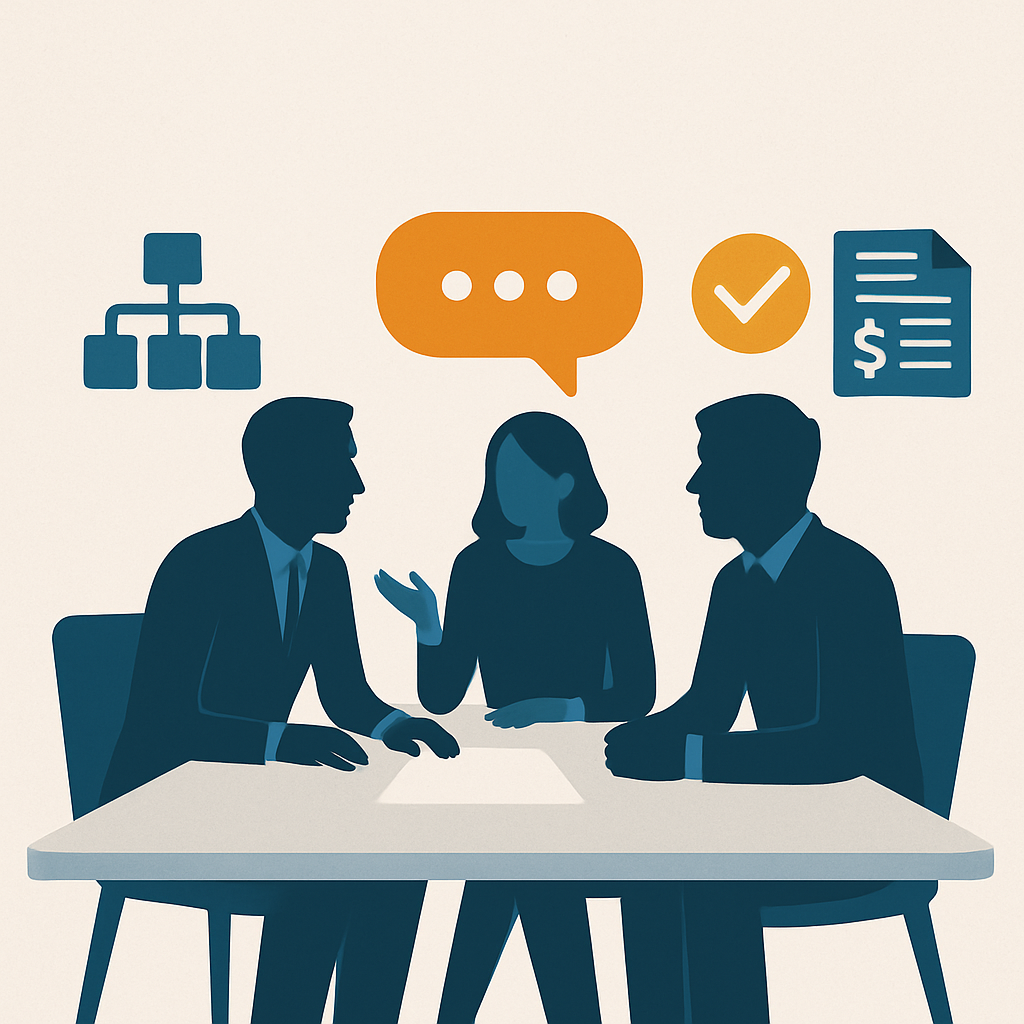 Three colleagues at a table with icons for structure, chat, check mark, and contract, representing internal negotiation.