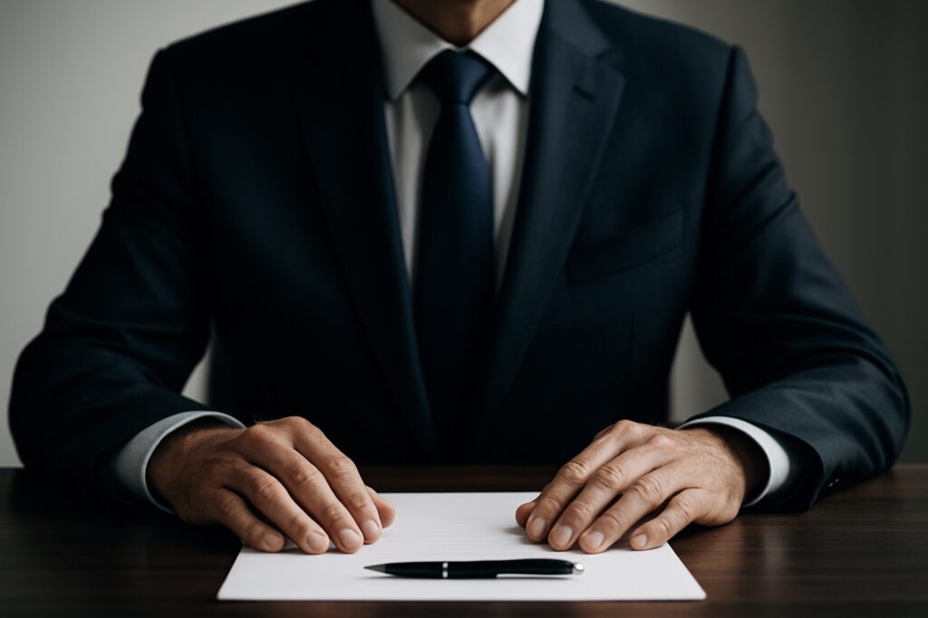 Involving senior leaders in negotiations. Close-up of a senior executive in a dark suit seated at a negotiation table, hands resting near a contract