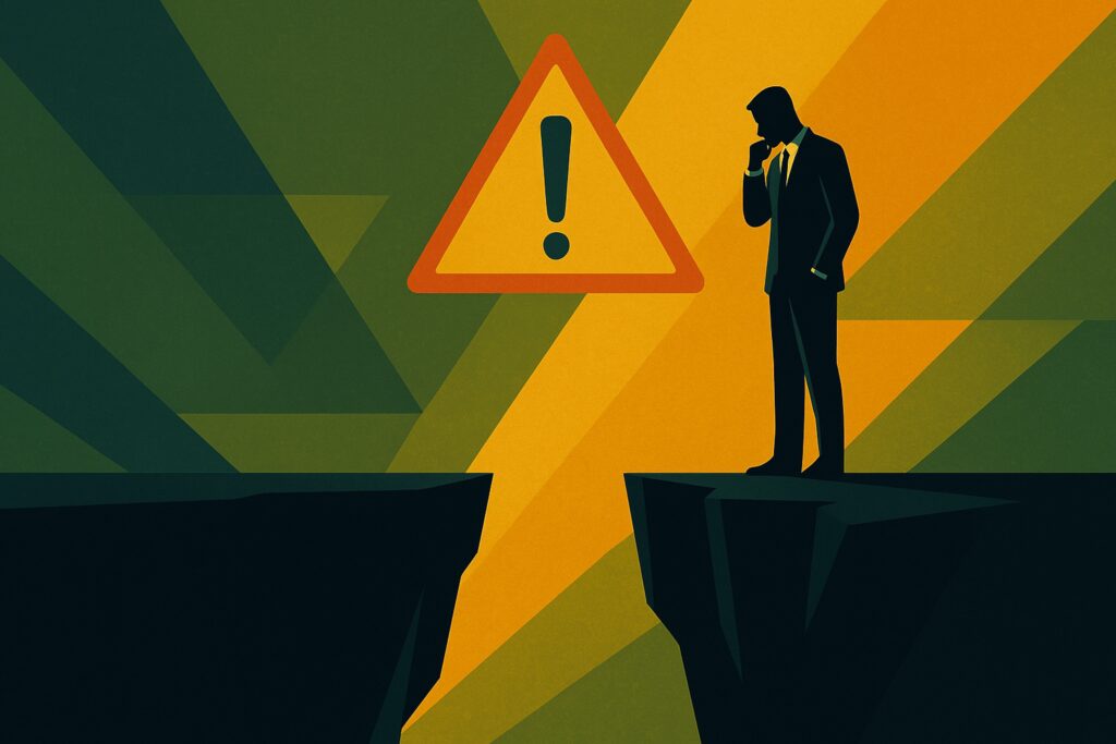 A silhouetted businessperson stands between two cliffs with a warning symbol overhead, representing hazardous attitudes of negotiation.