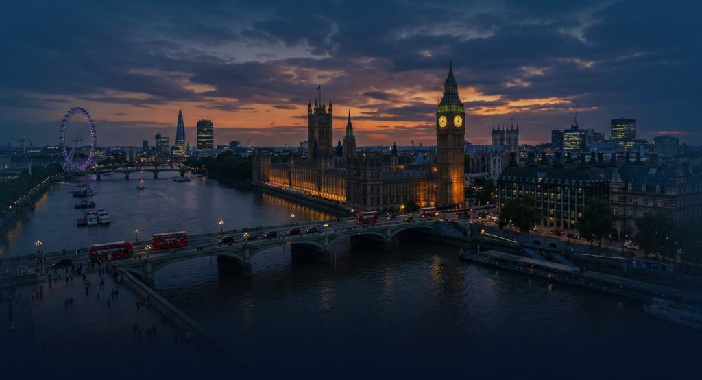 London skyline at dusk with Big Ben and the Houses of Parliament along the Thames