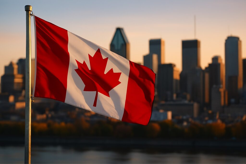 Canadian flag in the foreground with the Montreal skyline softly blurred in the background reflecting Canadian negotiation style.