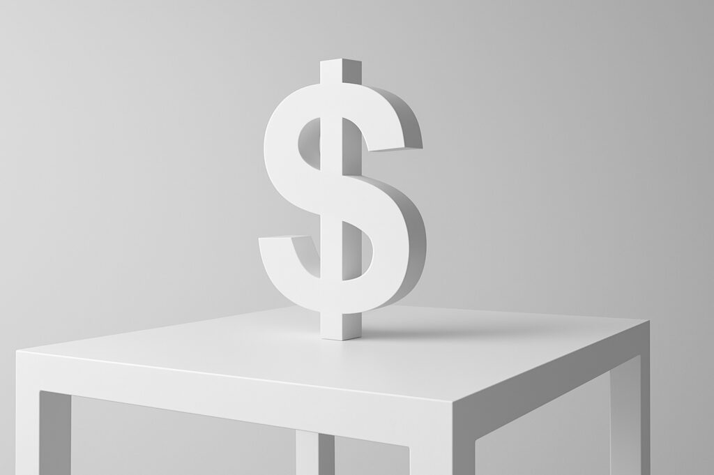 A white 3D dollar sign standing on a minimalist table in a clean, photorealistic environment, symbolizing the financial impact of negotiation decisions.