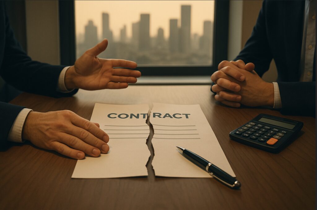 Negotiation tactics in downturns illustrated by two professionals discussing a torn contract during a recession.