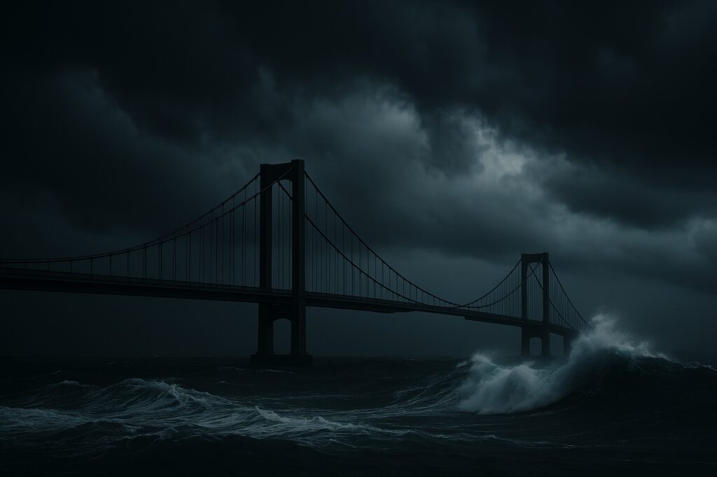 A suspension bridge weathers crashing waves under stormy skies, representing resilient business relationships during crises.